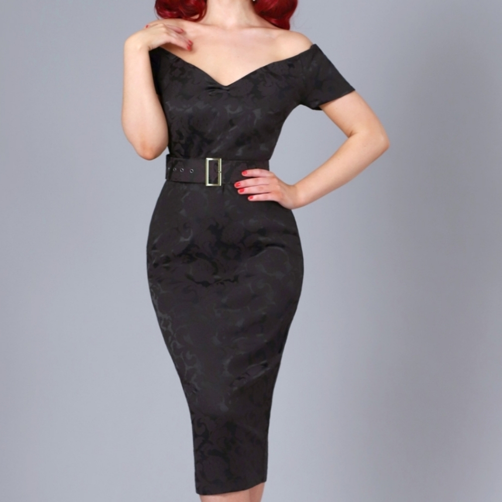 Rhonda’s Revenge Blue Satin Jacquard 50s Style Pencil Dress